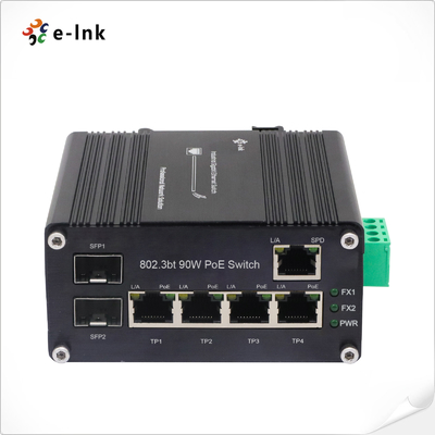 औद्योगिक अनियंत्रित 4 पोर्ट 802.3bt 90W PoE स्विच 1-पोर्ट RJ45 और 2-पोर्ट SFP फाइबर के साथ