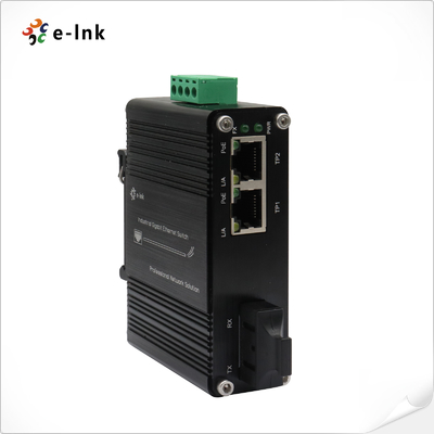 मिनी इंडस्ट्रियल 1-पोर्ट 100बेस-एफएक्स से 2-पोर्ट 10/100बेस-टी 30W PoE+ मीडिया कन्वर्टर
