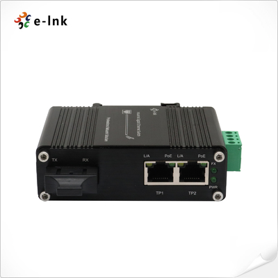 मिनी इंडस्ट्रियल 1-पोर्ट 1000X से 2-पोर्ट 10/100/1000X 30W PoE+ मीडिया कन्वर्टर