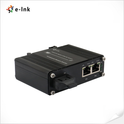 मिनी इंडस्ट्रियल 1-पोर्ट 100बेस-एफएक्स से 2-पोर्ट 10/100बेस-टी 90W PoE++ मीडिया कन्वर्टर
