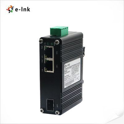 मिनी इंडस्ट्रियल 1-पोर्ट 100/1000X SFP से 2-पोर्ट 10/100/1000T 90W PoE++ मीडिया कन्वर्टर