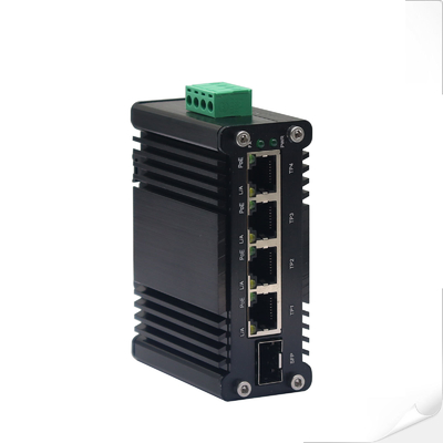 मिनी इंडस्ट्रियल 4-पोर्ट 10/100/1000T 802.3at PoE + 1-पोर्ट 100/1000X SFP ईथरनेट स्विच, 12~48VDC इनपुट और वोल्टेज बूस्टर के साथ