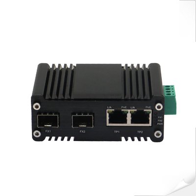 मिनी इंडस्ट्रियल 2-पोर्ट 10/100/1000T 802.3at PoE + 2-पोर्ट 100/1000Base-X SFP ईथरनेट स्विच 12~48VDC पावर बूस्टर फंक्शन के साथ