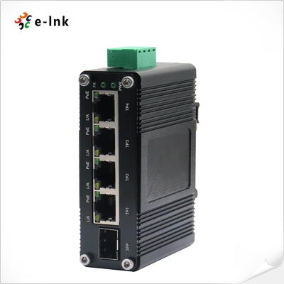 मिनी इंडस्ट्रियल 4-पोर्ट 10/100/1000T 802.3at PoE + 1-पोर्ट 100/1000X SFP ईथरनेट स्विच, 12~48VDC इनपुट और वोल्टेज बूस्टर के साथ