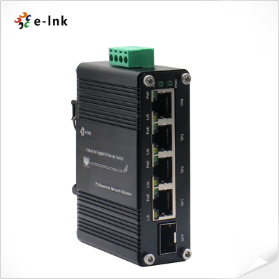 मिनी इंडस्ट्रियल 4-पोर्ट 10/100/1000T 802.3at PoE + 1-पोर्ट 100/1000X SFP ईथरनेट स्विच, 12~48VDC इनपुट और वोल्टेज बूस्टर के साथ
